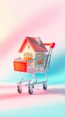 Miniature house in colorful toy shopping cart on pastel background