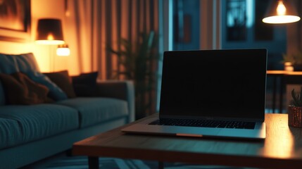 Silver laptop on wooden coffee table in sunlit living room