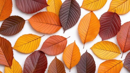 Obraz premium A photostock of vibrant autumn leaves in red, orange, and yellow hues, scattered on a clean white background, seasonal and warm. High Quality