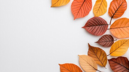 Obraz premium A photostock of vibrant autumn leaves in red, orange, and yellow hues, scattered on a clean white background, seasonal and warm. High Quality