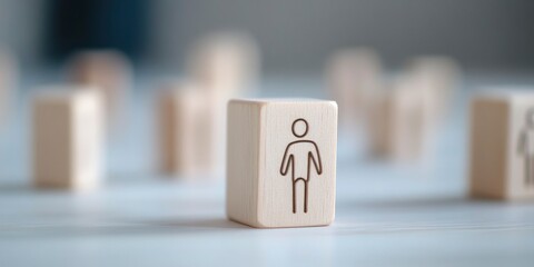 Wooden cubes with human icons on them, scattered around the scene, against a grey background.