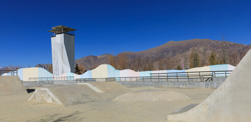 Modern bike park and climbing wall in Lhasa city,Tibet, China