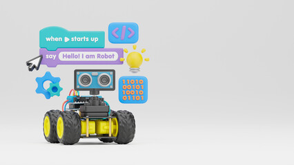 Block coding for kids teaching learning creative basics beginners remotely controlled automation robotic car vehicle programming education skill Technology STEM. 3d rendering.