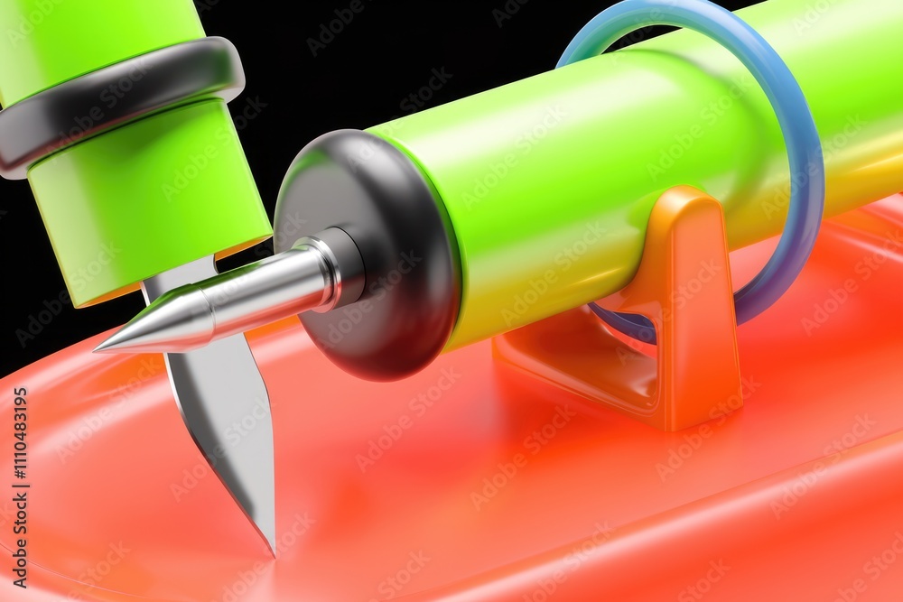 Poster A vibrant  3D rendered image showcasing a colorful  playful device with a sharp  metallic needle.