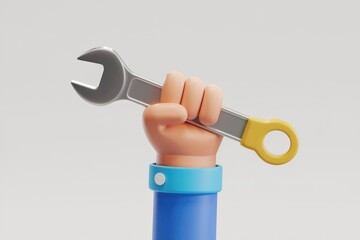 A cartoon hand firmly grips a wrench  symbolizing repair  maintenance  and problem solving.