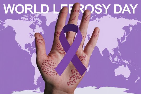 World Leprosy Day awareness image showing a hand with leprosy marks and a purple ribbon.