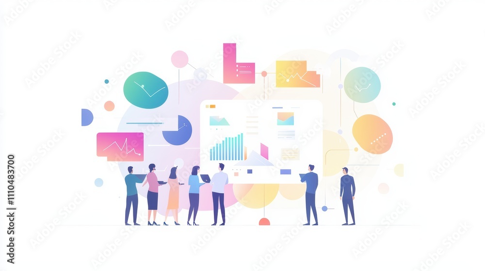 Poster professional group collaborating on business data analysis and visualization in a modern setting