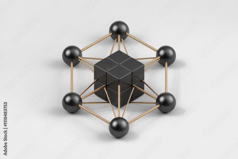 Poster Abstract 3D rendering of a network structure with interconnected black spheres and cubes.