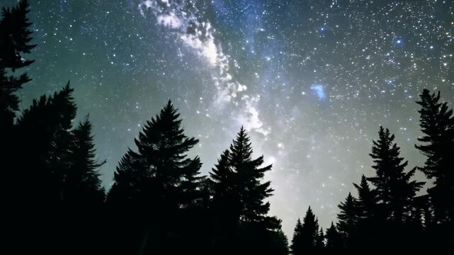 Nocny krajobraz z ciemnymi sylwetkami sosen, rozświetlonych przez księżyc w pełni, z błyszczącymi gwiazdami i łagodną poświatą otaczającą las, tworząc spokojną i magiczną scenerię.