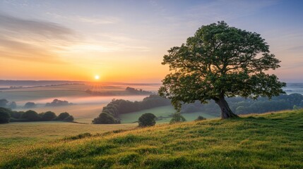Fototapeta premium Misty Sunrise Over Scenic Countryside Landscape with Tree