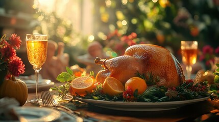 Thanksgiving table with turkey and sunlight in soft bokeh background