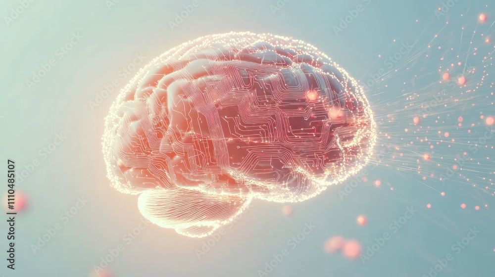 Poster brain with digital circuits and quantum particles swirling around it on a clean white background rep