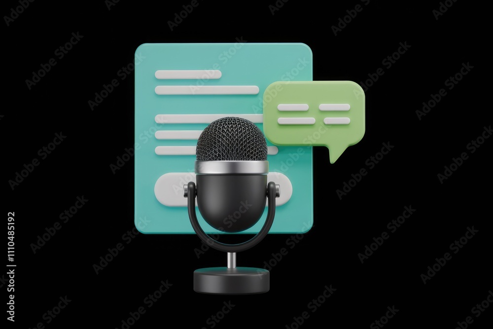 Poster podcasting symbolized by 3d microphone document speech bubble.