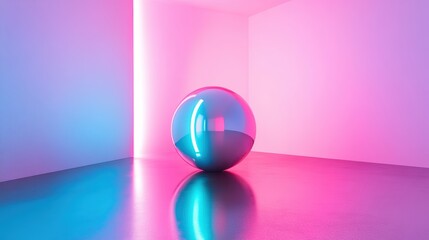 Minimalist silver disco ball with neon pink and blue lights