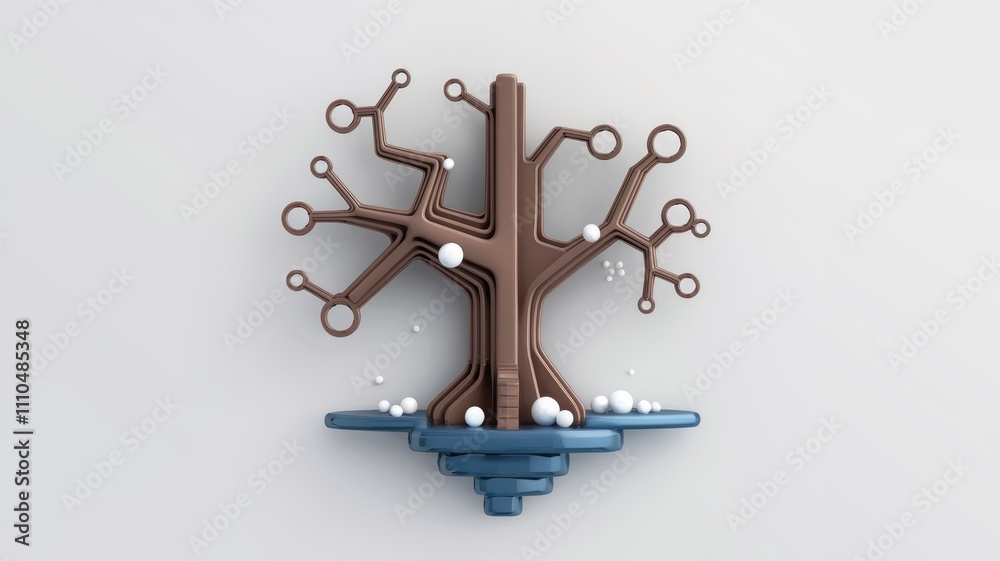 Aufkleber Abstract 3D render of a stylized tree with metallic branches and white spheres  on a blue base.