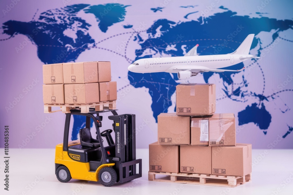 Poster global logistics concept with cardboard boxes on forklift and airplane against world map background.