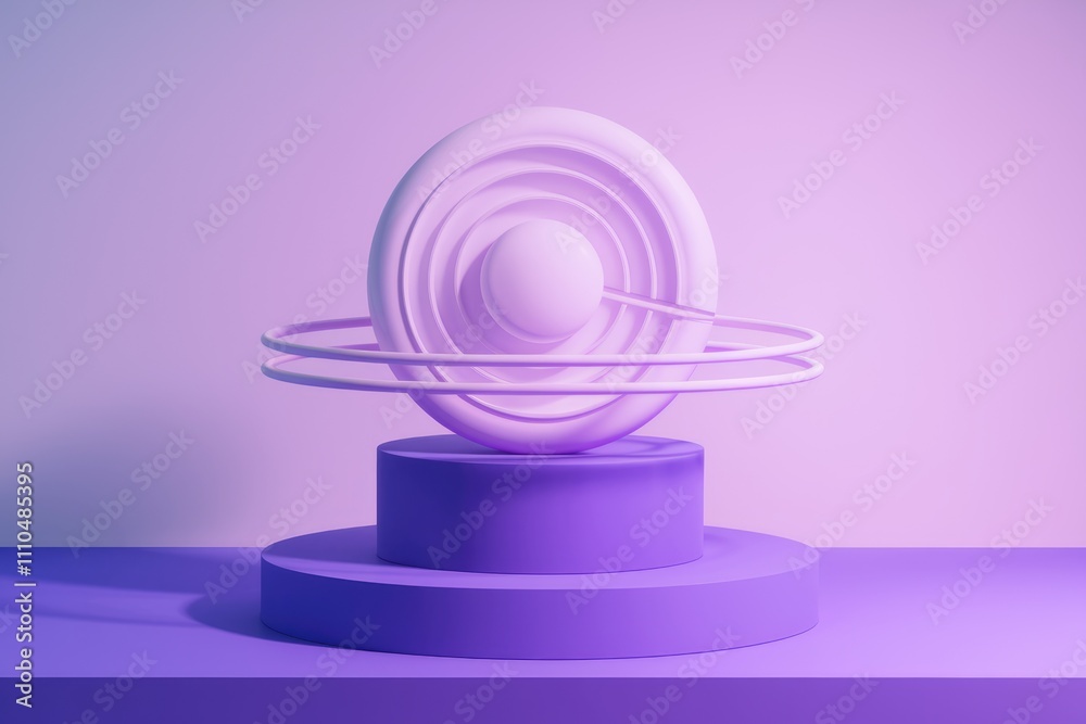 Poster 3D render of white object with rings orbiting sphere.