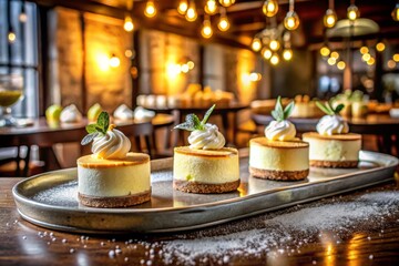 Exquisite Architectural Photography of an Elegant Dessert Display Featuring Delicious Cheesecakes Topped with Powdered Sugar and Sour Cream in a Chic Cafe Setting