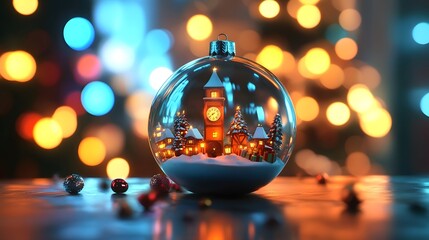 Miniature snowy village scene inside a clear glass Christmas ball ornament on a dark surface with bokeh lights.