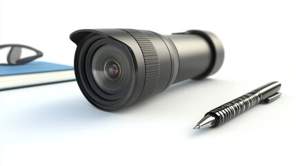 Minimalist Office Accessory with Camera Lens and Stationery Items
