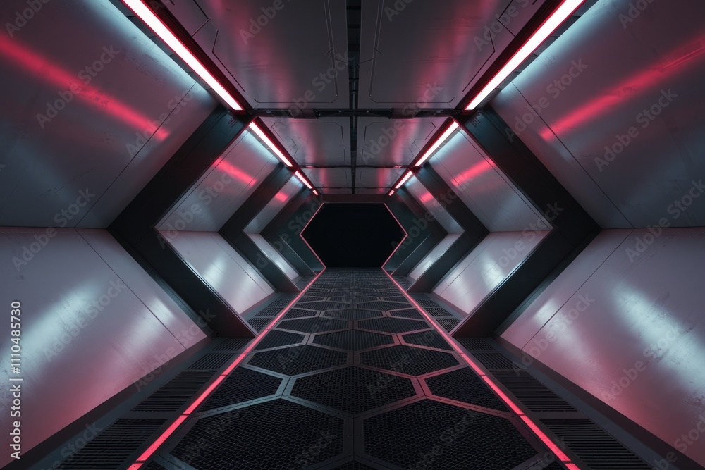Poster futuristic metallic corridor with red neon lights creating a sleek and modern sci fi atmosphere.