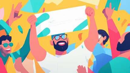 Celebratory Leader Holding Achievement Certificate with Enthusiastic Crowd in Bright and Colorful Background