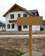 A modern house under construction with a wooden sign in the foreground, indicating potential for sale or development.
