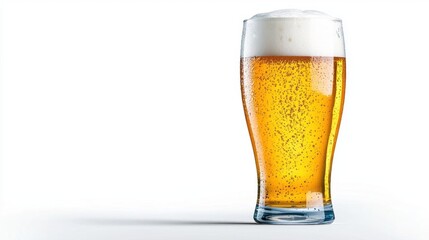 A photostock of a freshly poured glass of golden beer with a bubbly head, isolated on a clean white background for beverage themes. High Quality