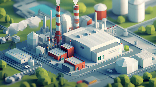 low poly factory building illustration, 3d render of industry facility with houge white and red colored chimneys, isometric wallpaper for industry architecture and power plants