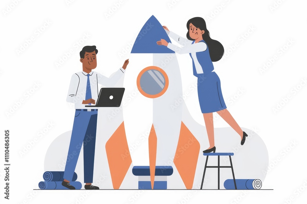 Poster two businesspeople collaboratively launch a rocket symbolizing a successful startup or project.
