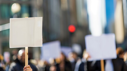 Group of people holding blank signs in peaceful protest, unified stance and determination, ample copy space for text or design.