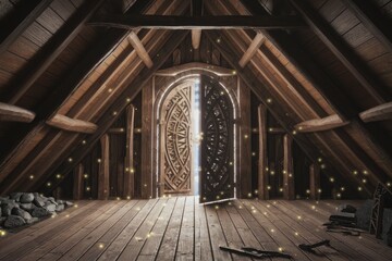 Fototapeta premium A mystical attic with an ornate wooden door illuminated by glowing particles.
