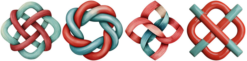 Chinese New Year festival and symbolism, Four intricate knot designs showcasing interwoven patterns in vibrant colors.