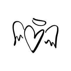 Black grunge brush vector hand drawn symbol cute heart with wings and nimbus illustration clip-art winged angel. Love Valentine symbol. Decor element for logo, label, emblem, poster, postcard, nail