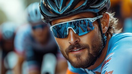 Close-up portrait of male cyclist in reflective sunglasses and helmet during competitive race. Athletic man, endurance, sports event, cycling competition, outdoor active lifestyle.