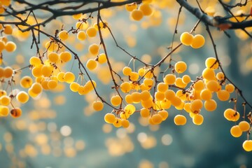 Harvest of ripe yellow cherries on a branch in the garden, agribusiness business concept, organic healthy food and non-GMO fruits with copy space
