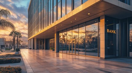 Modern bank building facade with glass walls reflecting sunset and palm trees. Urban architecture, financial institution, corporate exterior, downtown business district, cityscape.