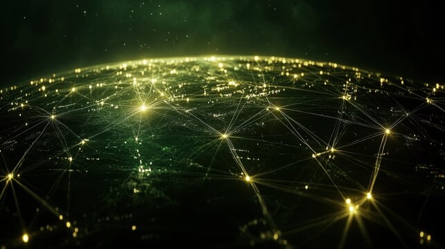 A Stunning Visual Representation of a Global Network with Illuminated Connections and Nodes Over a Dark Green Earth, Symbolizing Technology and Communication