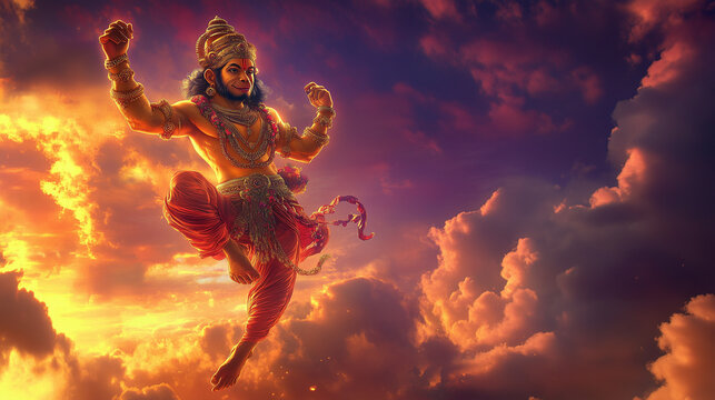 illustration of Hanuman Jayanti carrying a mountain with one hand amidst shining clouds, Ai generated images