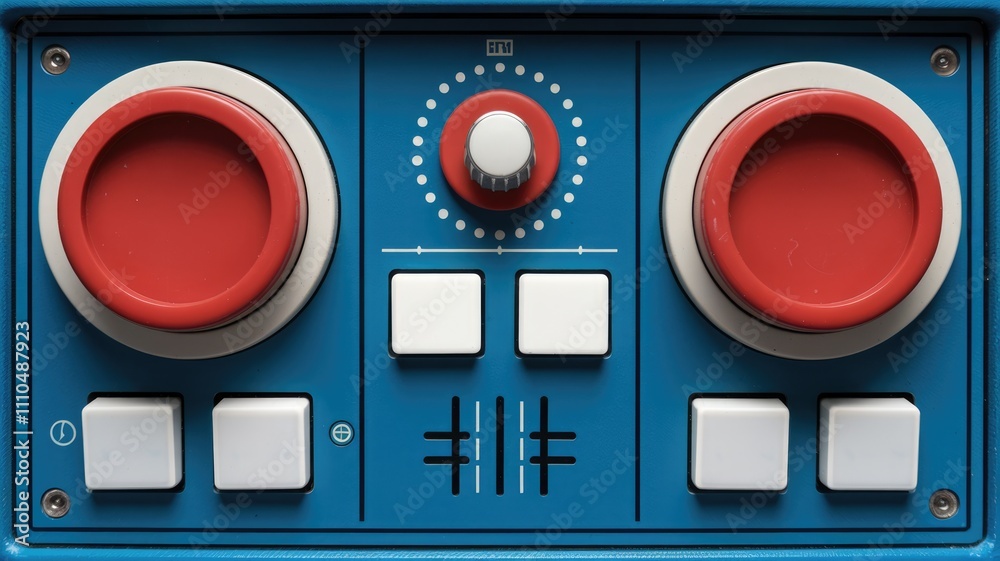 Poster A retro styled music production controller with knobs  buttons  and a central dial.