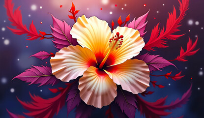 Vibrant image of a white hibiscus flower with a red center. The flower is surrounded by dark purple and red leaves, creating a fabulous scene with a touch of glitter.