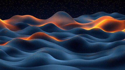 Obraz premium Abstract Digital Landscape with Flowing Waves and Starry Sky in Deep Blue and Fiery Orange Tones Evoking Depth, Motion, and Atmospheric Serenity