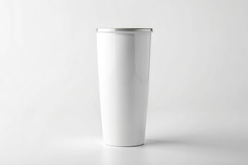 Front View of a Blank White Tumbler Mockup on a White Background Utilizing the Rule of Thirds for Product Display and Promotional Use in Marketing and Advertising Contexts