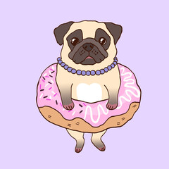 portrait funny pug and donut doodle, french bulldog illustration,  doggy, pedigree,  french, terrier, boston