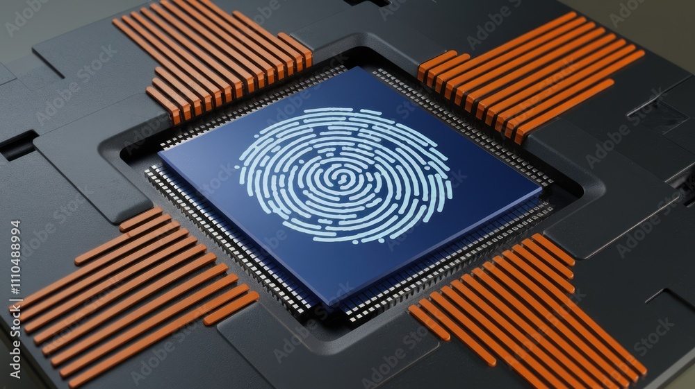 Poster Fingerprint sensor in microchip for biometric security and technology.