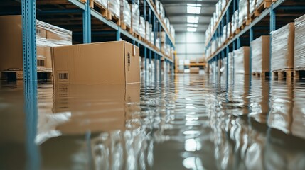 Flooded warehouse with waterlogged boxes and shelves, illustrating disaster's impact on storage facilities.