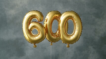 Gold foil balloons forming the number 600 stand out against a soft cloudy backdrop, symbolizing a celebratory milestone.
