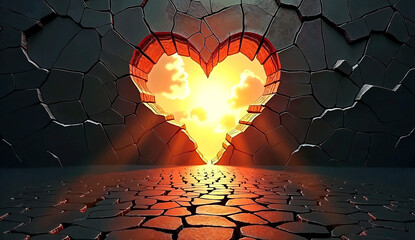 Heart-shaped hole in a cracked concrete wall, revealing a vibrant sunset sky. The image symbolizes hope, strength, and the power of love to break through adversity.