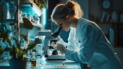 A scientist is using a microscope in a lab.