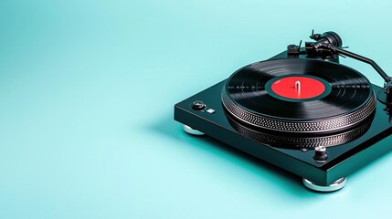 Fototapeta premium A photostock of a retro vinyl record turntable in sleek black, placed on a clean white background for music-themed projects. High Quality